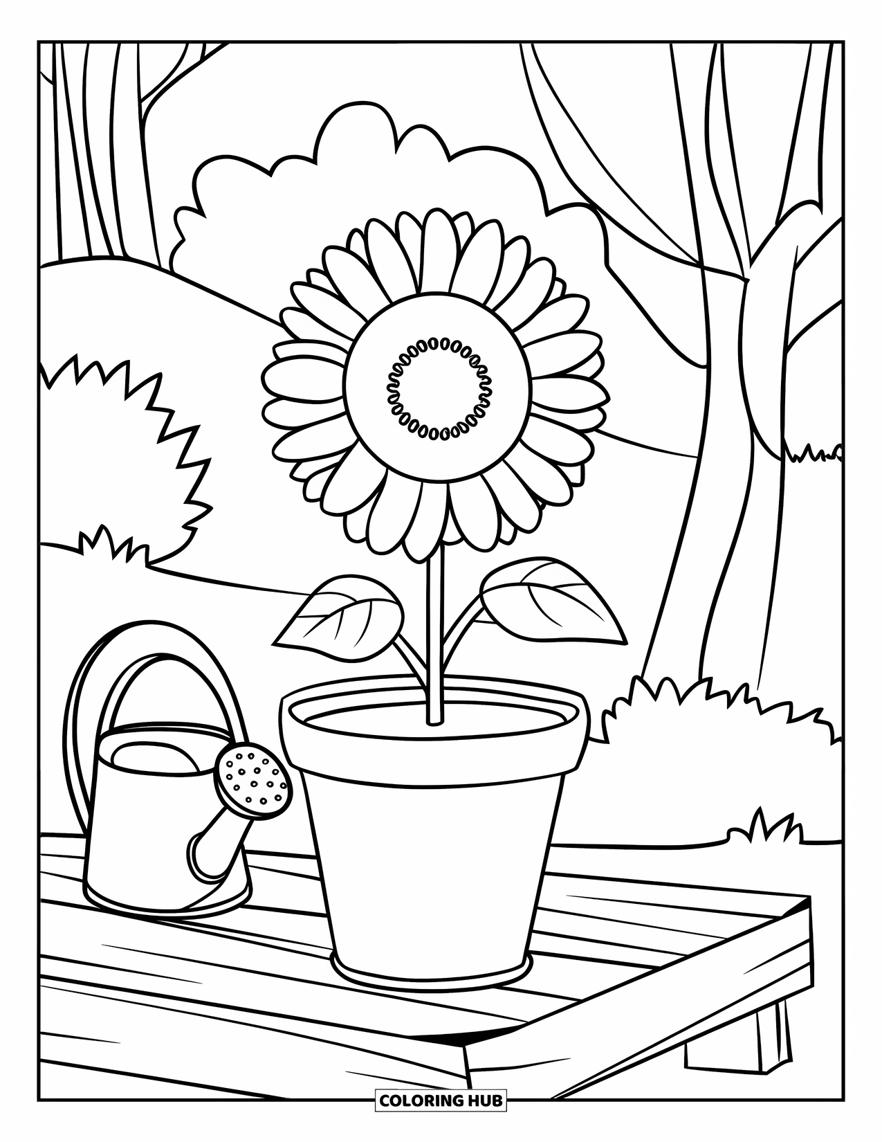 Gardening Coloring Page for Kids: Sunflower in a pot with a can on a wooden stand