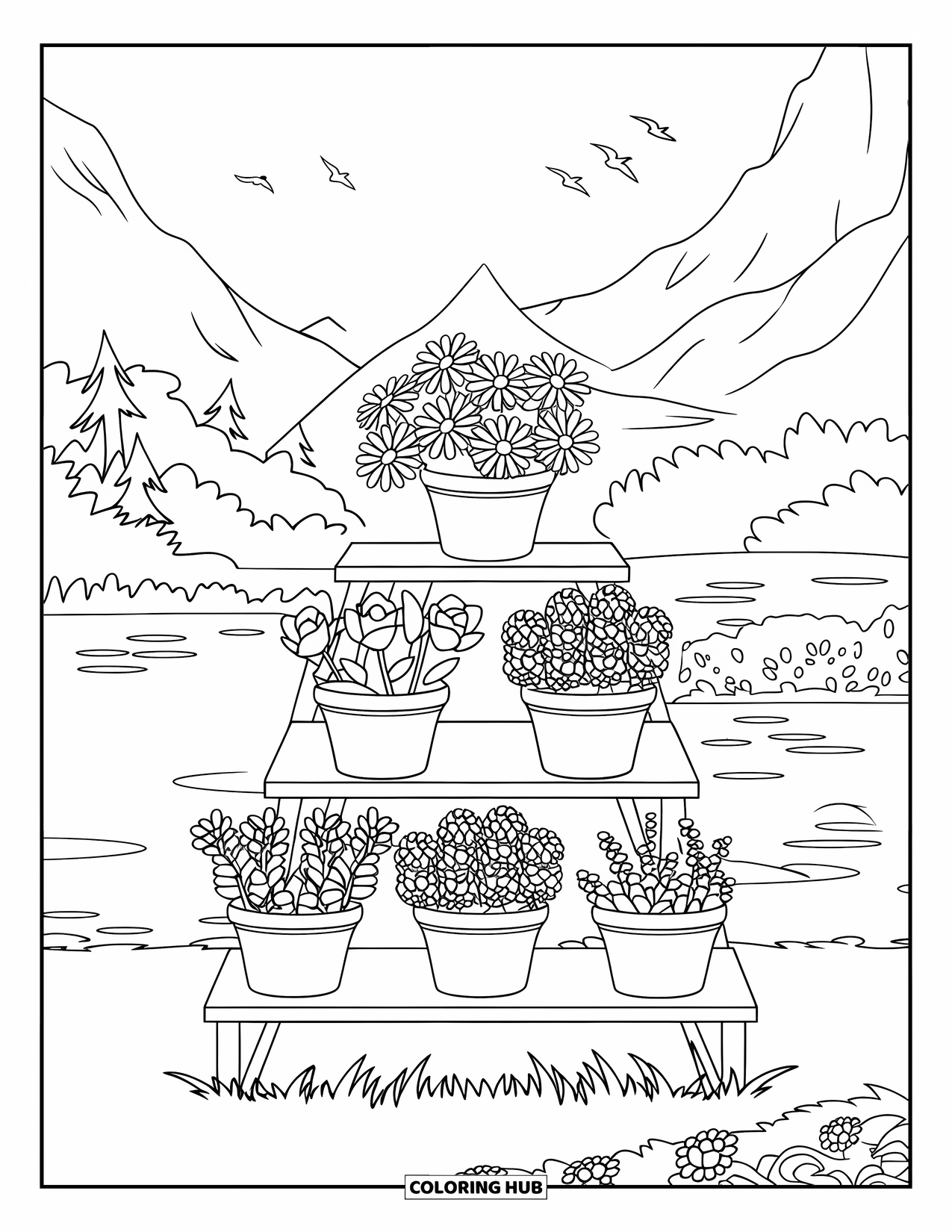 Gardening Coloring Page for Kids: Tiered flower stand with daisies, roses, and lavender by the water