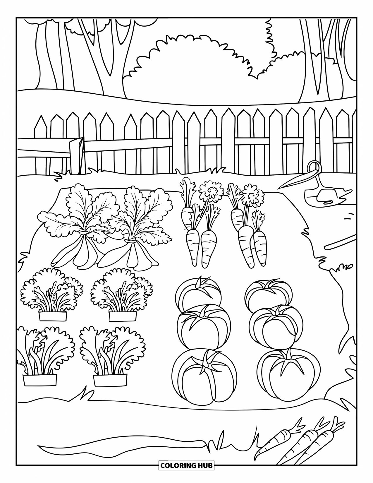 Gardening Coloring Page for Kids: Vegetable patch with neat rows and tools by the fence