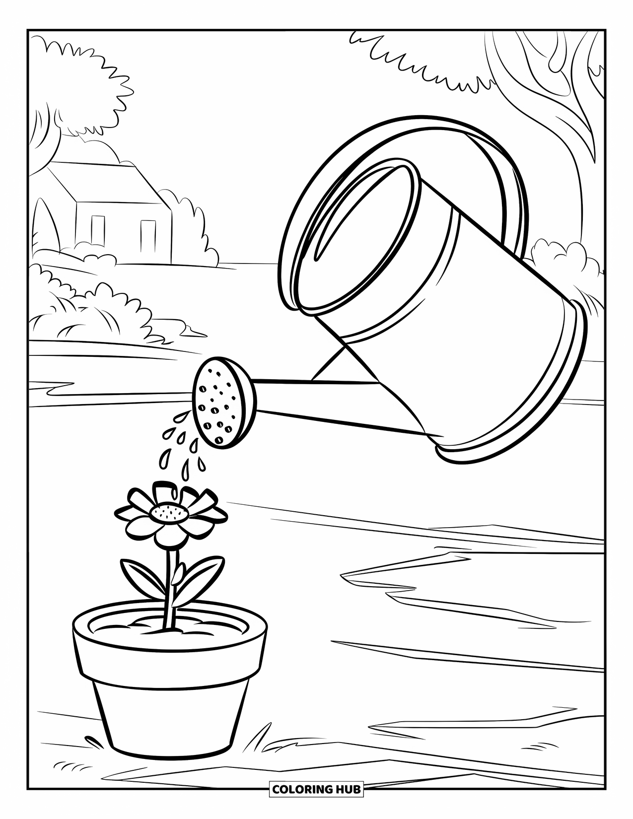 Gardening Coloring Page for Kids: Watering can pouring water on a flower in a pot
