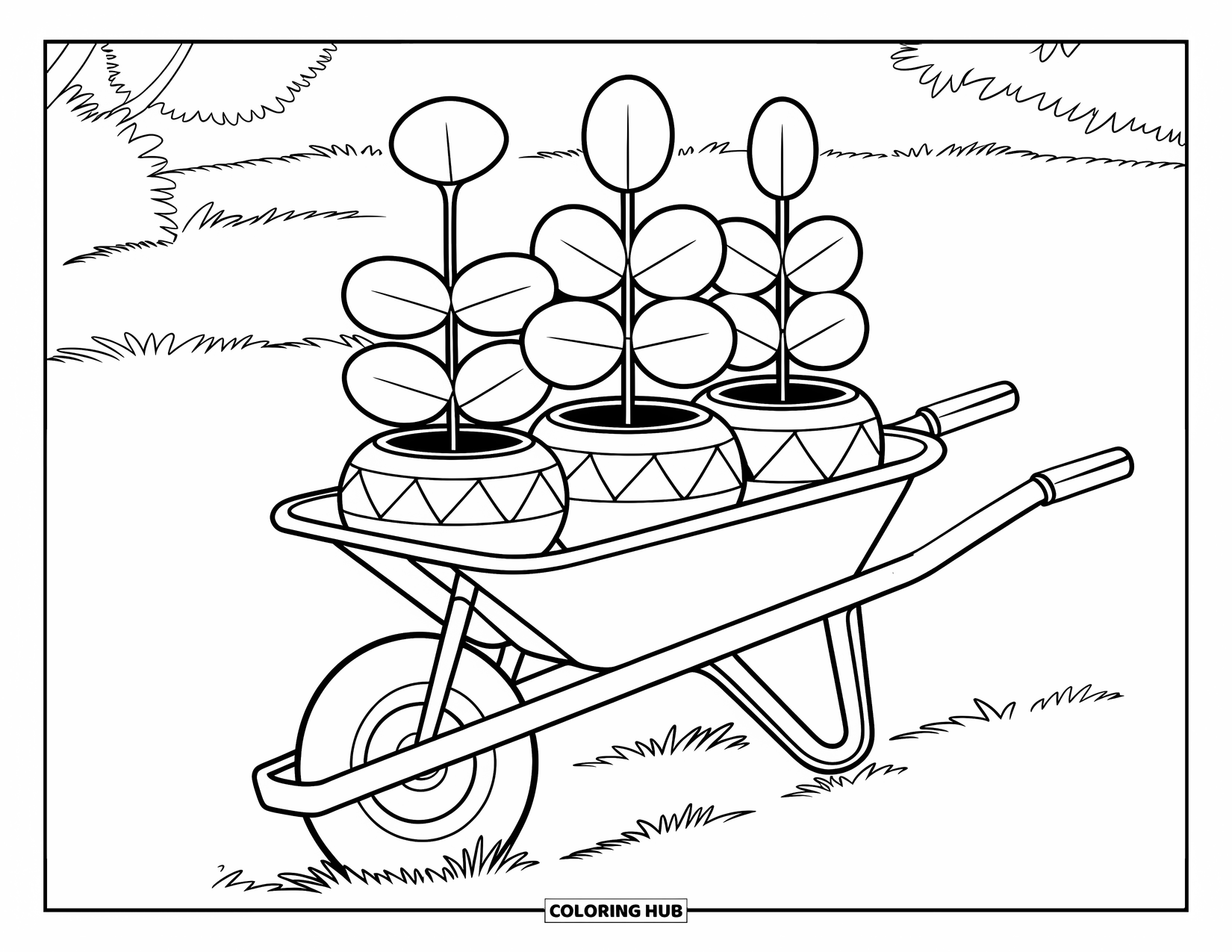 Gardening Coloring Page for Kids: Wheelbarrow with patterned pots in a grassy field