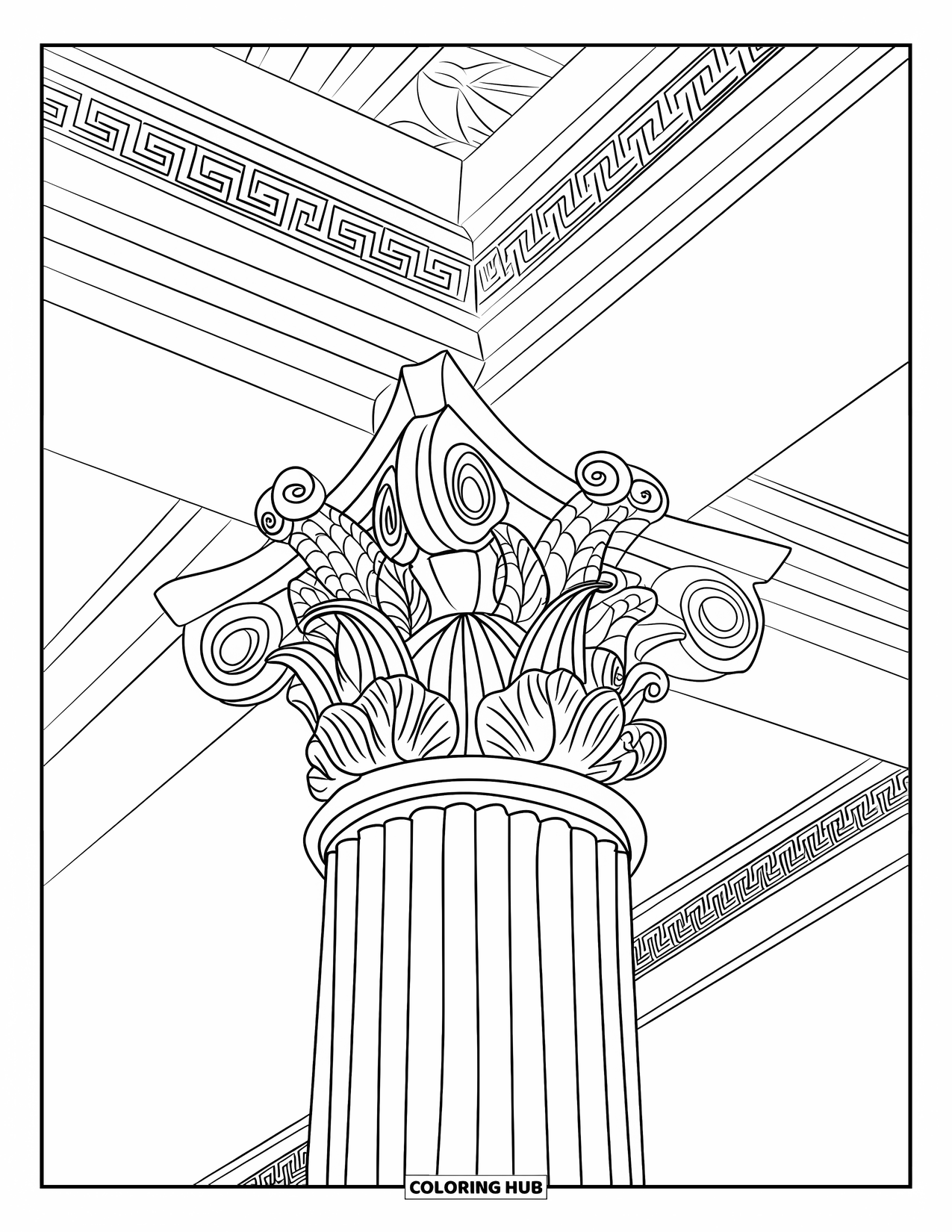 Greece Coloring Page for Adults: A Corinthian column with bold outlines offers a peaceful and intricate coloring experience