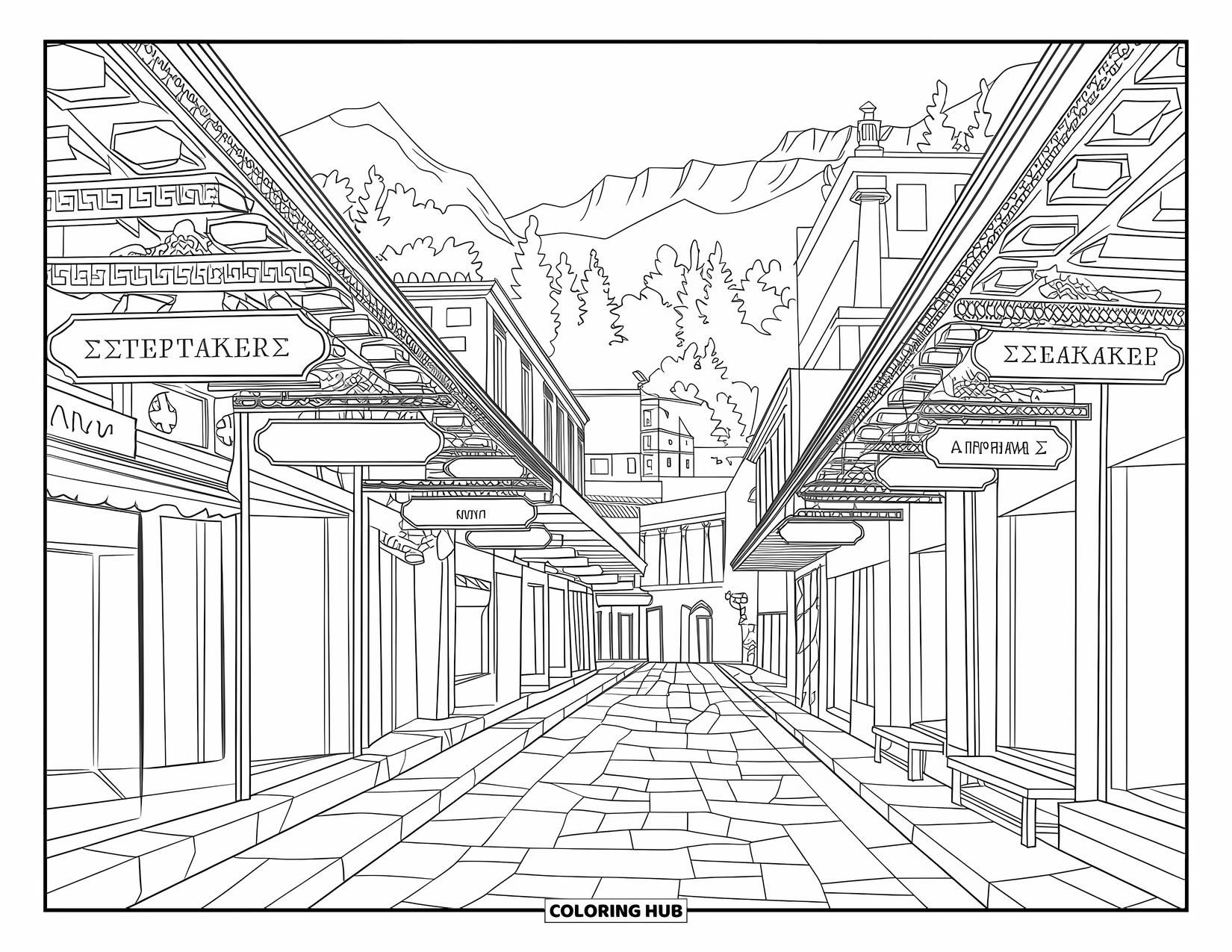 Greece Coloring Page for Adults: A historic Athens street features columns, signs, and mountains in the background