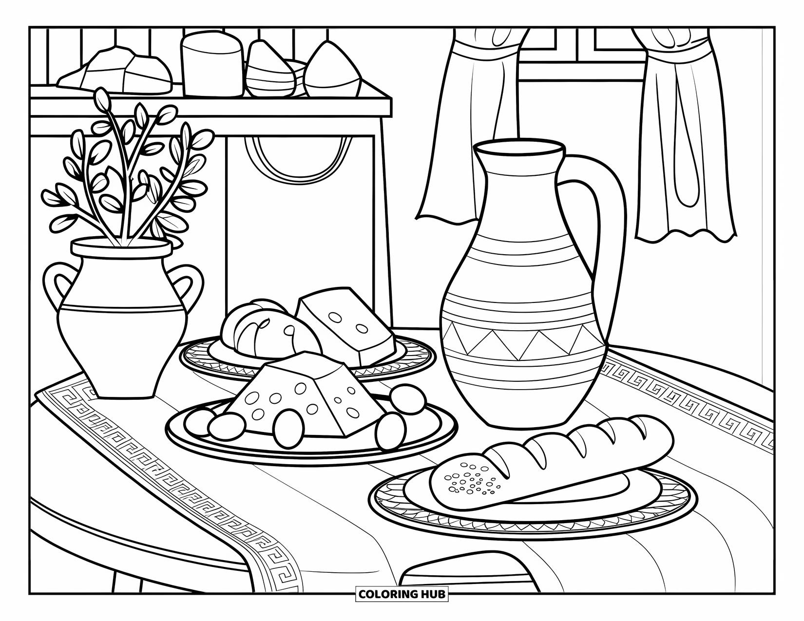 Greece Coloring Page for Adults: A rustic table with feta and plants sits beside a cabinet and curtained window