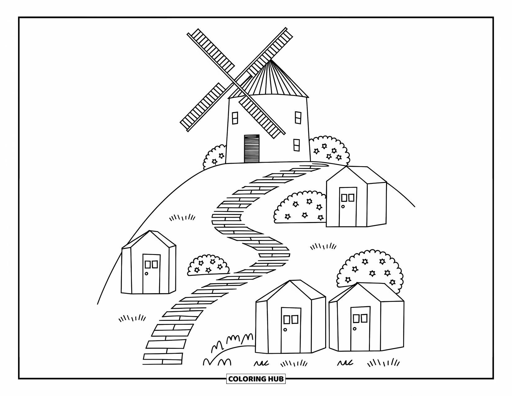 Greece Coloring Page for Adults: A windmill overlooks a field of wildflowers and cottages with soft, rounded shapes