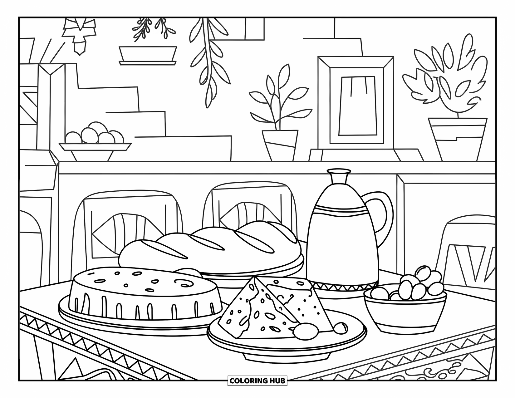 Greece Coloring Page for Adults: A wooden kitchen table holds feta, olives, bread, and a water jug near blue walls
