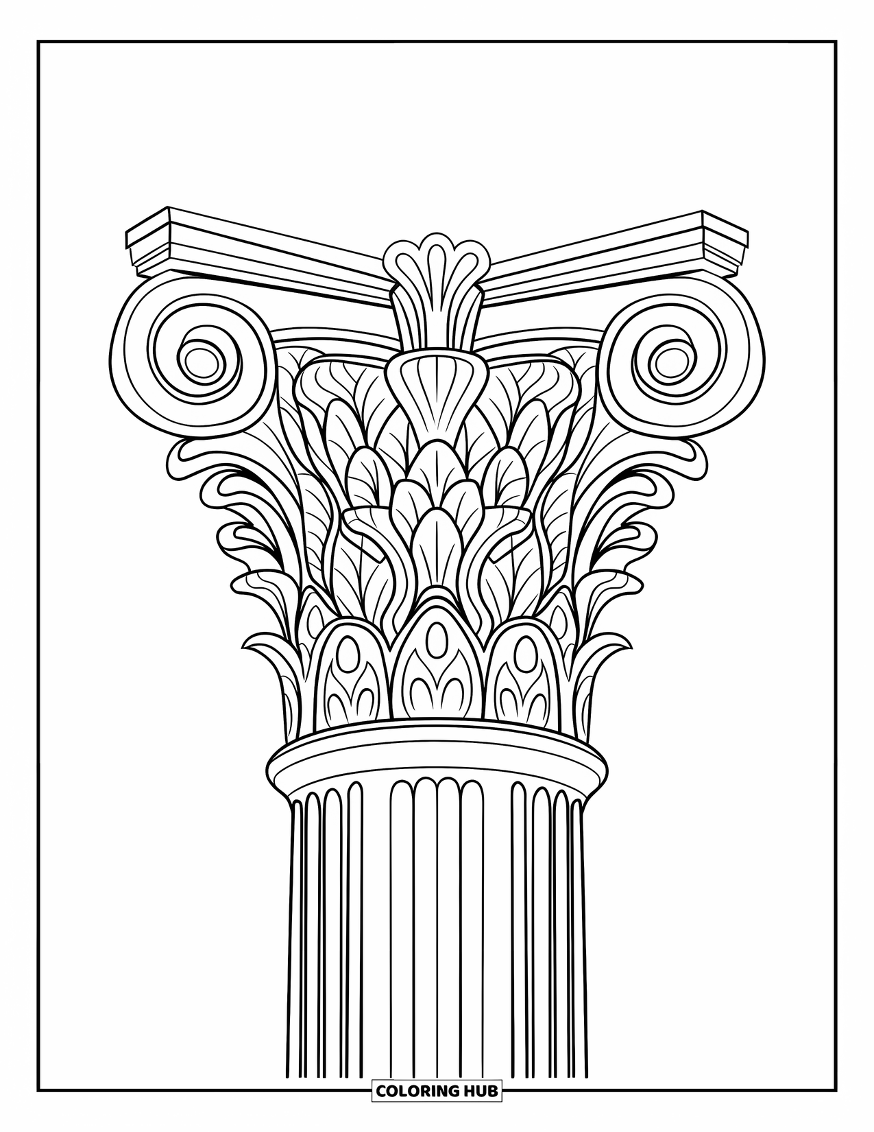 Greece Coloring Page for Adults: An ornate Corinthian column features acanthus leaves and scrollwork, perfect for relaxing coloring