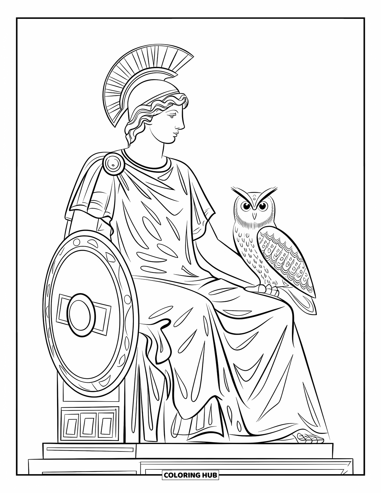 Greece Coloring Page for Adults: Athena sits with helmet, shield, and owl on a pedestal with bold outlines