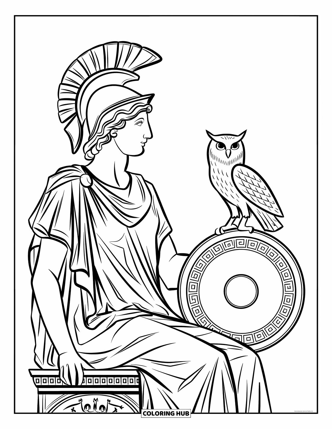 Greece Coloring Page for Adults: Athena's statue rests against white space, helmeted with an owl and patterned shield