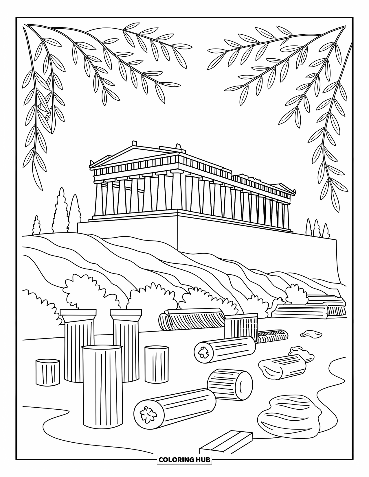 Greece Coloring Page for Adults: Broken columns and olive trees frame the Parthenon in soft, rounded lines