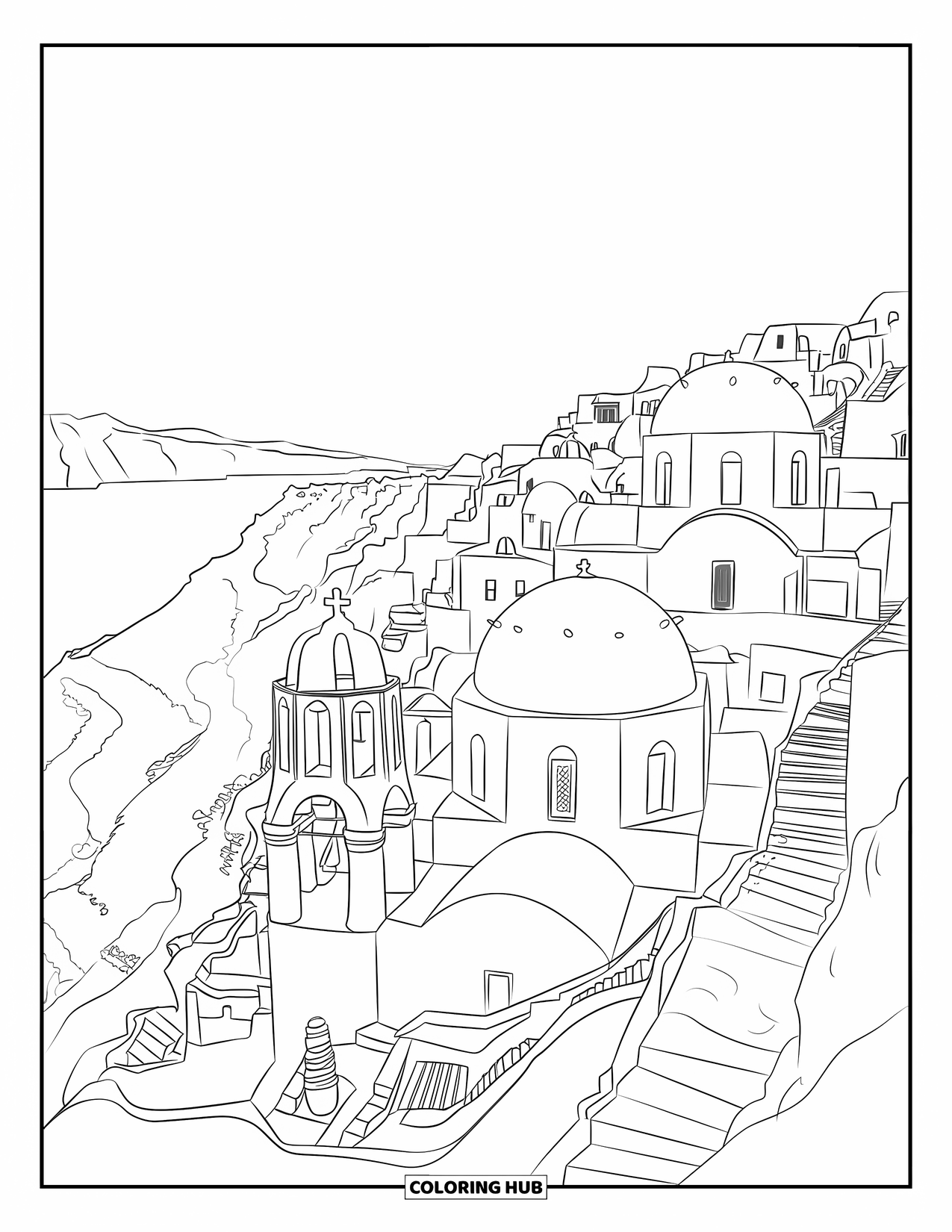 Greece Coloring Page for Adults: Santorini's domed rooftops and narrow stairs climb a cliff above the Aegean Sea