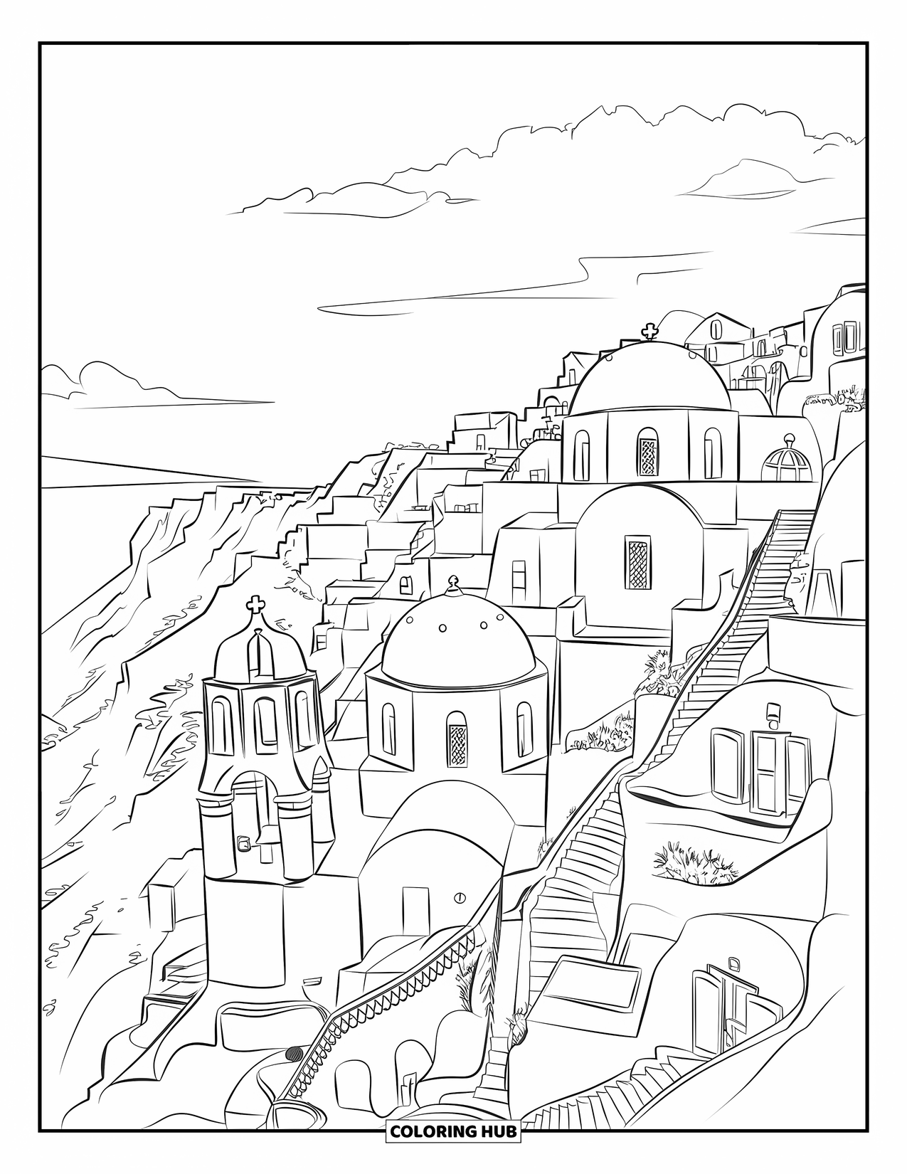 Greece Coloring Page for Adults: Santorini's steep village staircases lead past blue domes and white walls