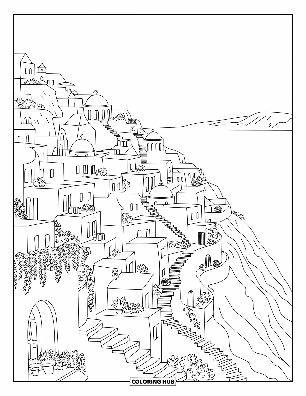Greece Coloring Page for Adults: Stacked houses, domes, and vines create a dreamy hilltop view over the water