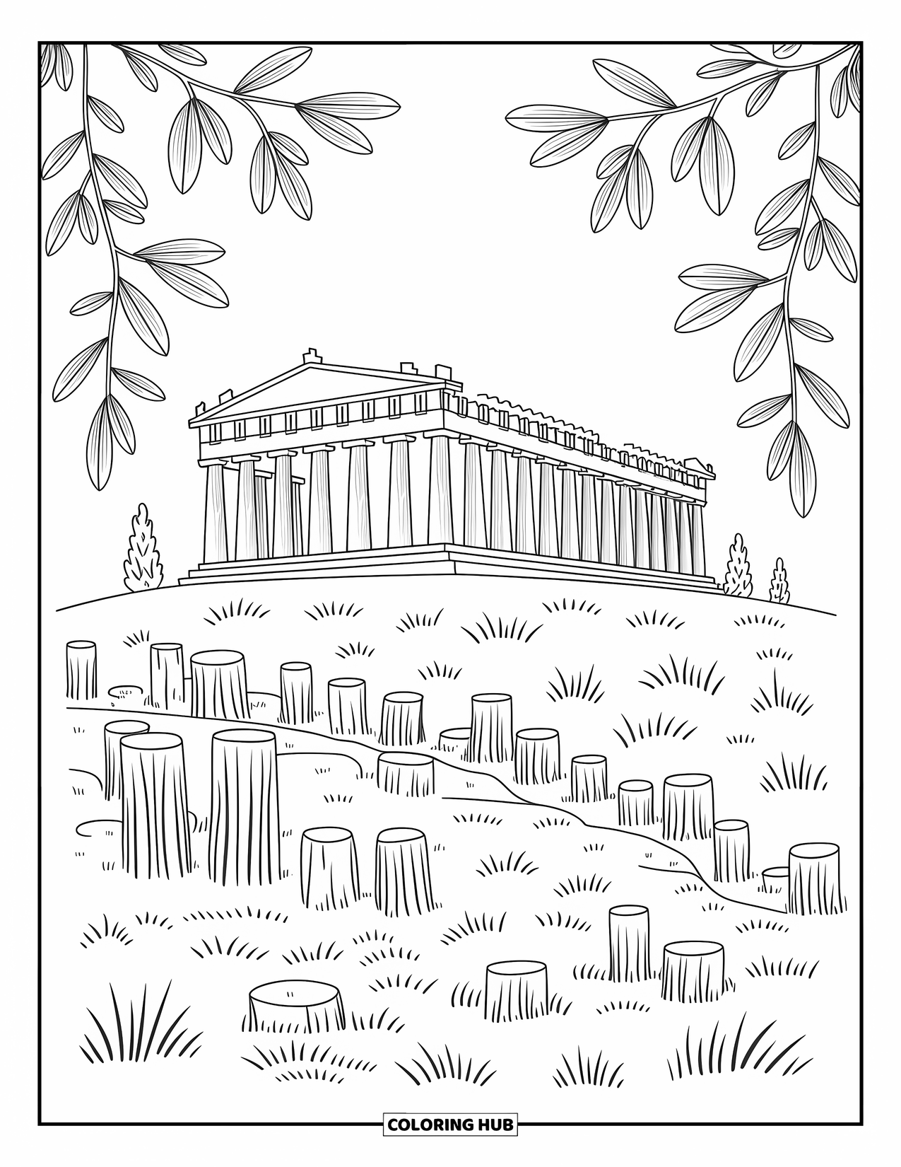 Greece Coloring Page for Adults: Stylized columns and olive trees surround the Parthenon on a quiet Greek hill