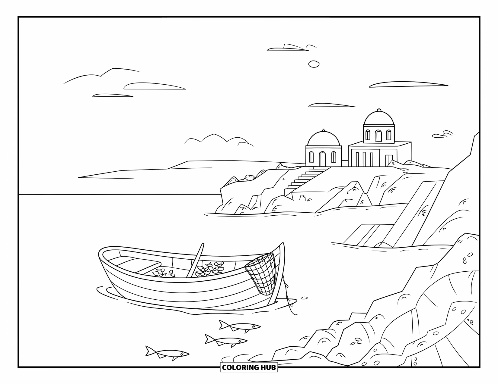 Greece Coloring Page for Kids: A boat with nets rests near rocky shores and domed buildings