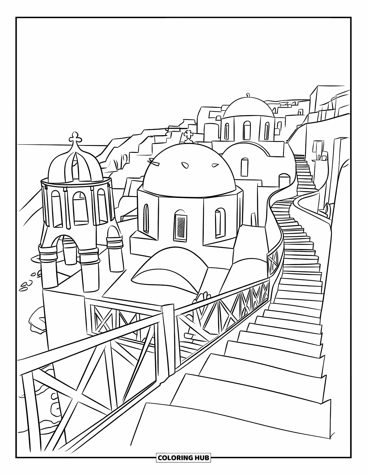 Greece Coloring Page for Kids: A domed building stands at the end of Santorini's cliffside path