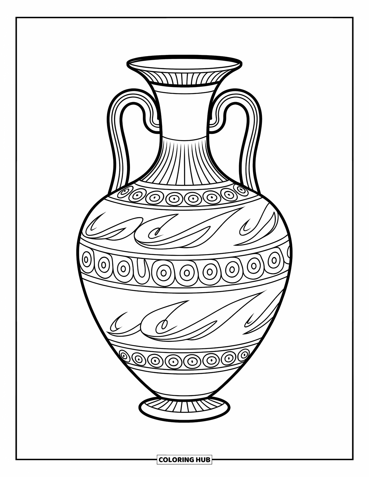 Greece Coloring Page for Kids: A flared Greek vase sits beneath grapevines and leaves