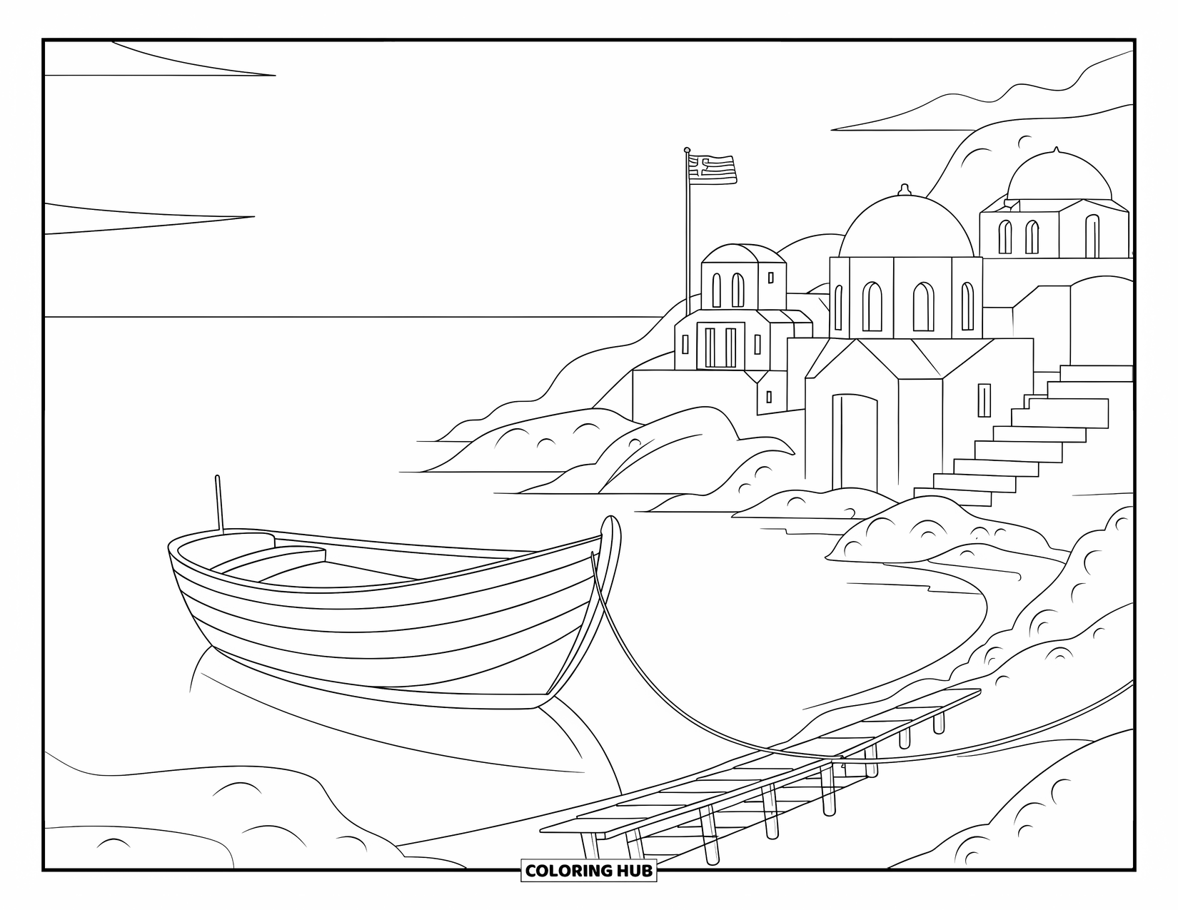 Greece Coloring Page for Kids: A ladder leans beside a boat near red-roofed island homes