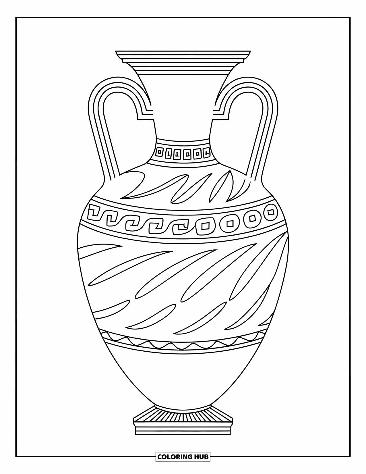 Greece Coloring Page for Kids: A large Greek vase with swirls stands against a white background