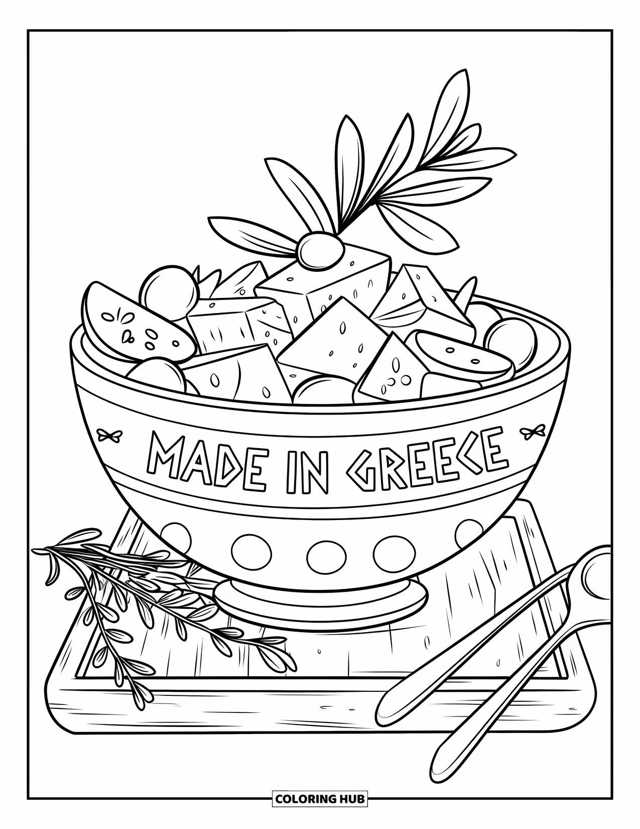 Greece Coloring Page for Kids: A leafy salad sits in a bowl marked "Made in Greece"