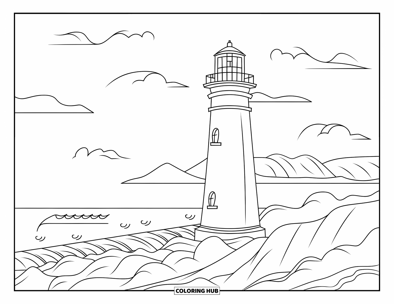 Greece Coloring Page for Kids: A lighthouse rises over crashing waves and swirling clouds