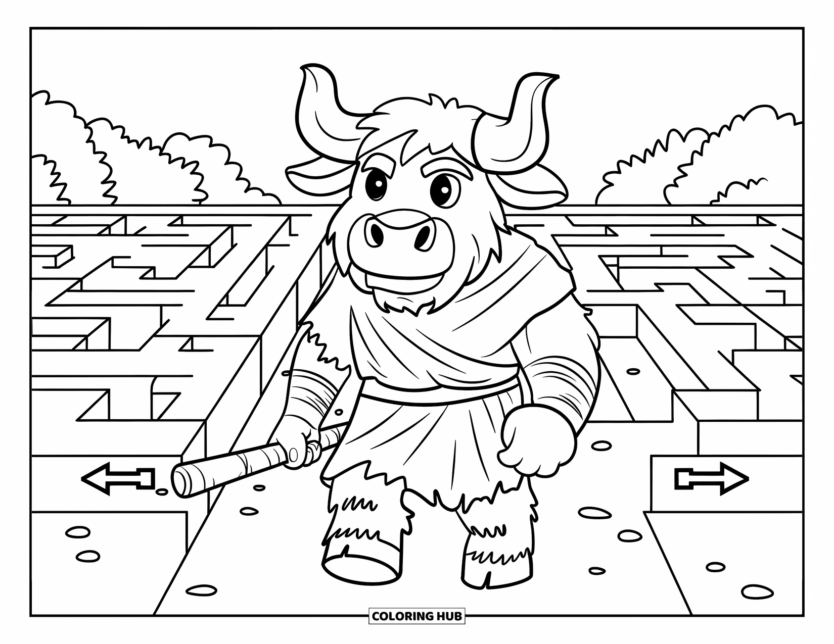 Greece Coloring Page for Kids: A minotaur with a club walks through a stone labyrinth