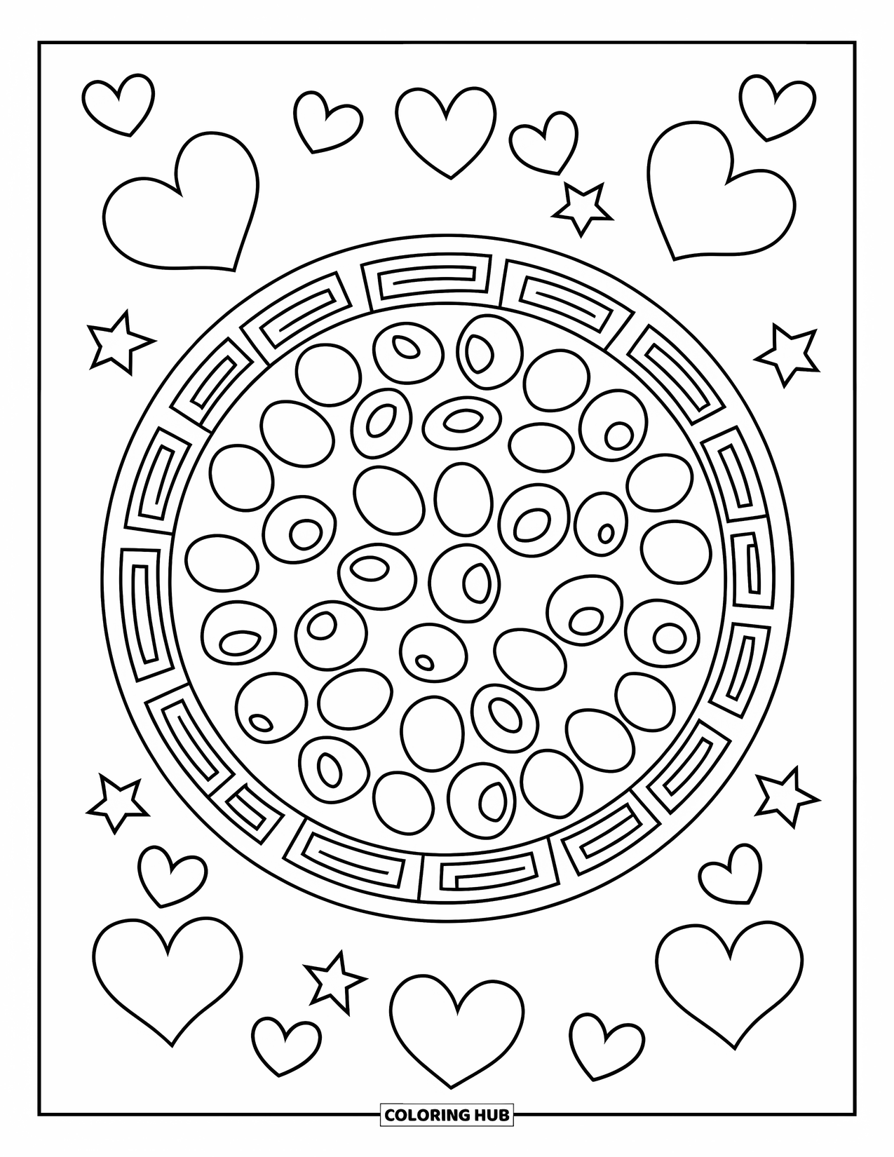 Greece Coloring Page for Kids: A plate of olives and feta is surrounded by hearts and stars