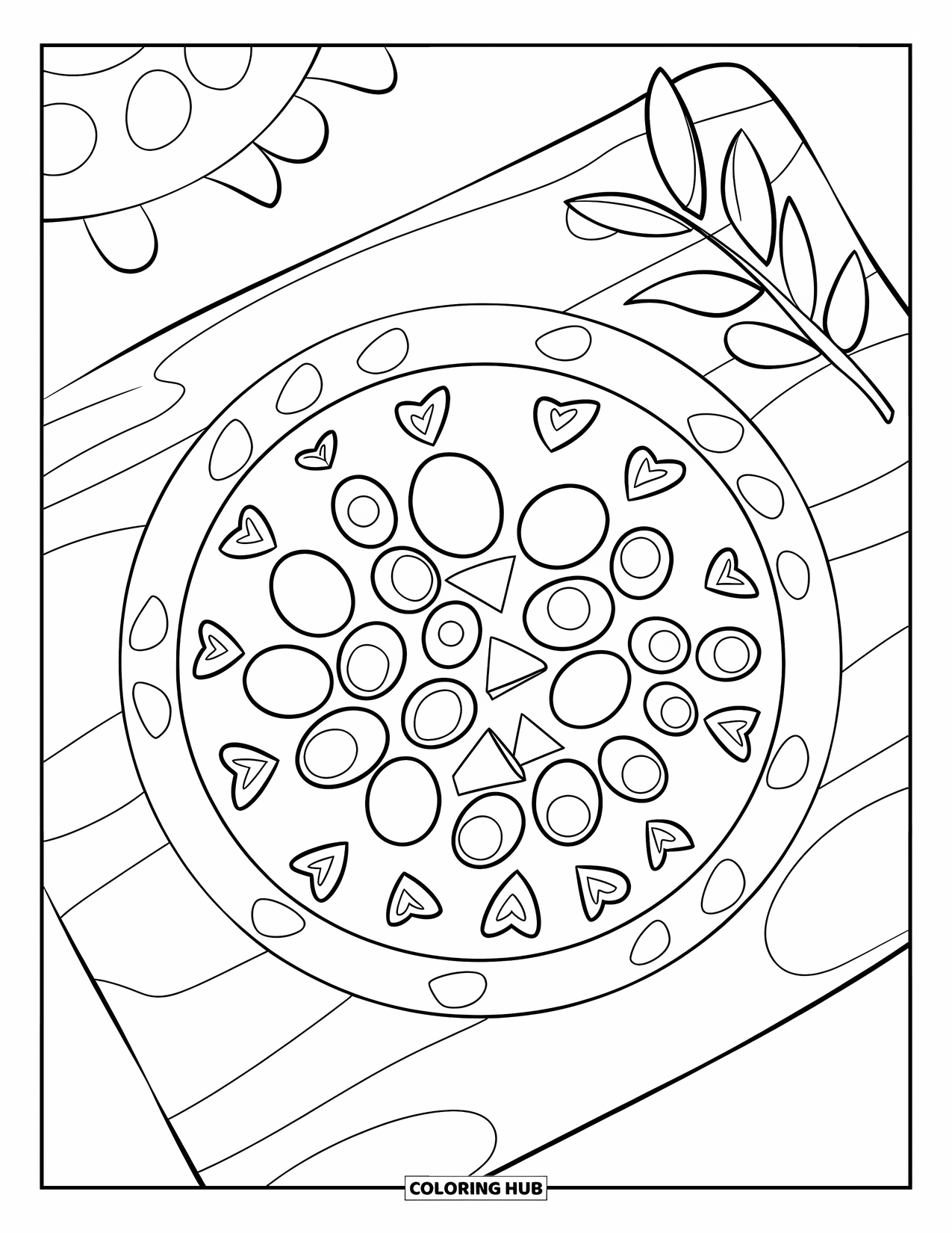 Greece Coloring Page for Kids: A round plate of feta and olives rests beside a green leaf
