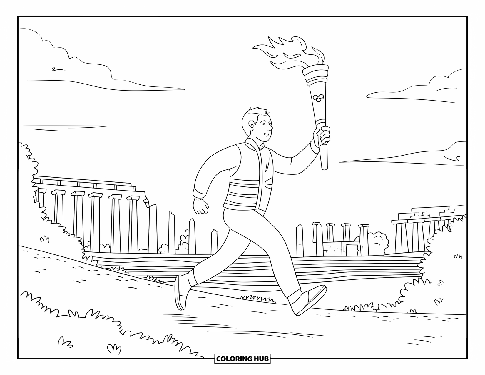 Greece Coloring Page for Kids: A runner carries the Olympic torch past ruins on a cloudy day