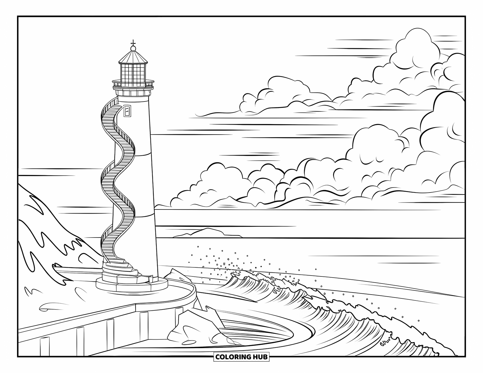 Greece Coloring Page for Kids: A spiral lighthouse stands above waves under a cloudy sky