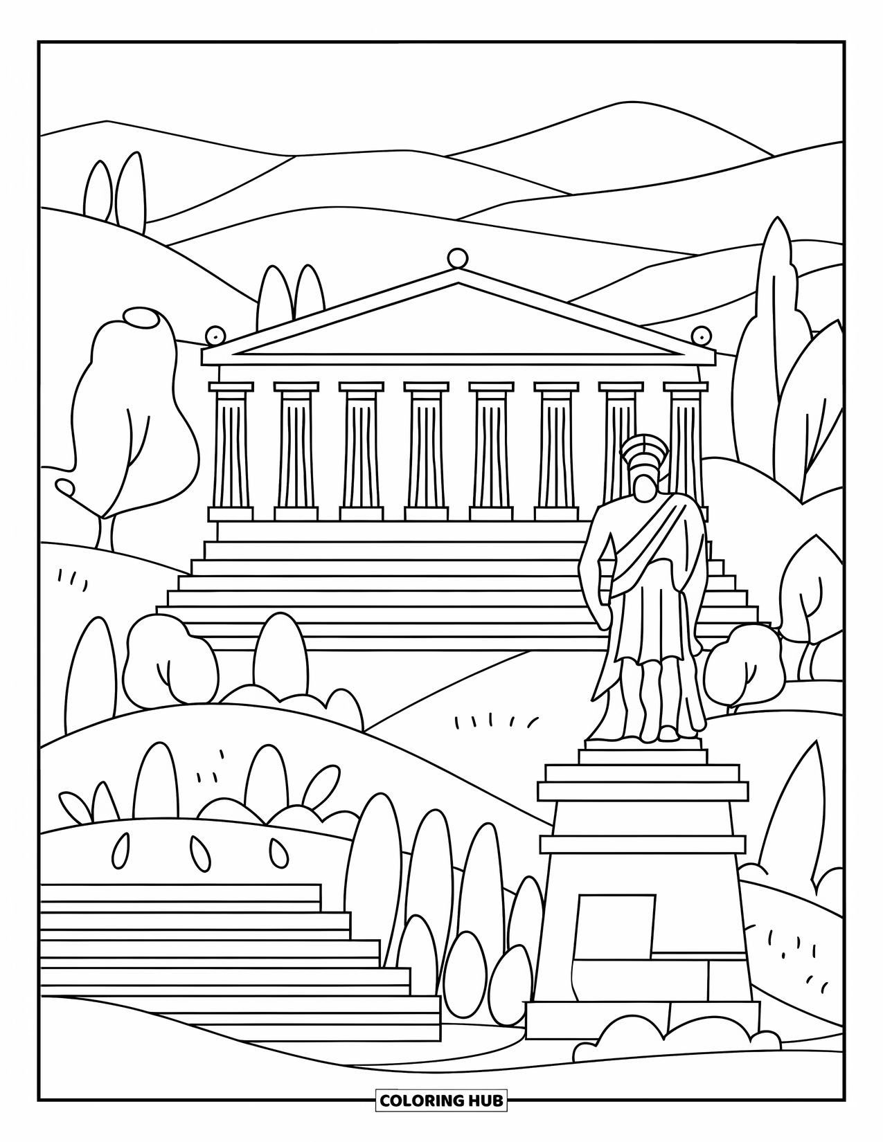 Greece Coloring Page for Kids: A temple, statue, and olive trees sit in a peaceful Greek scene