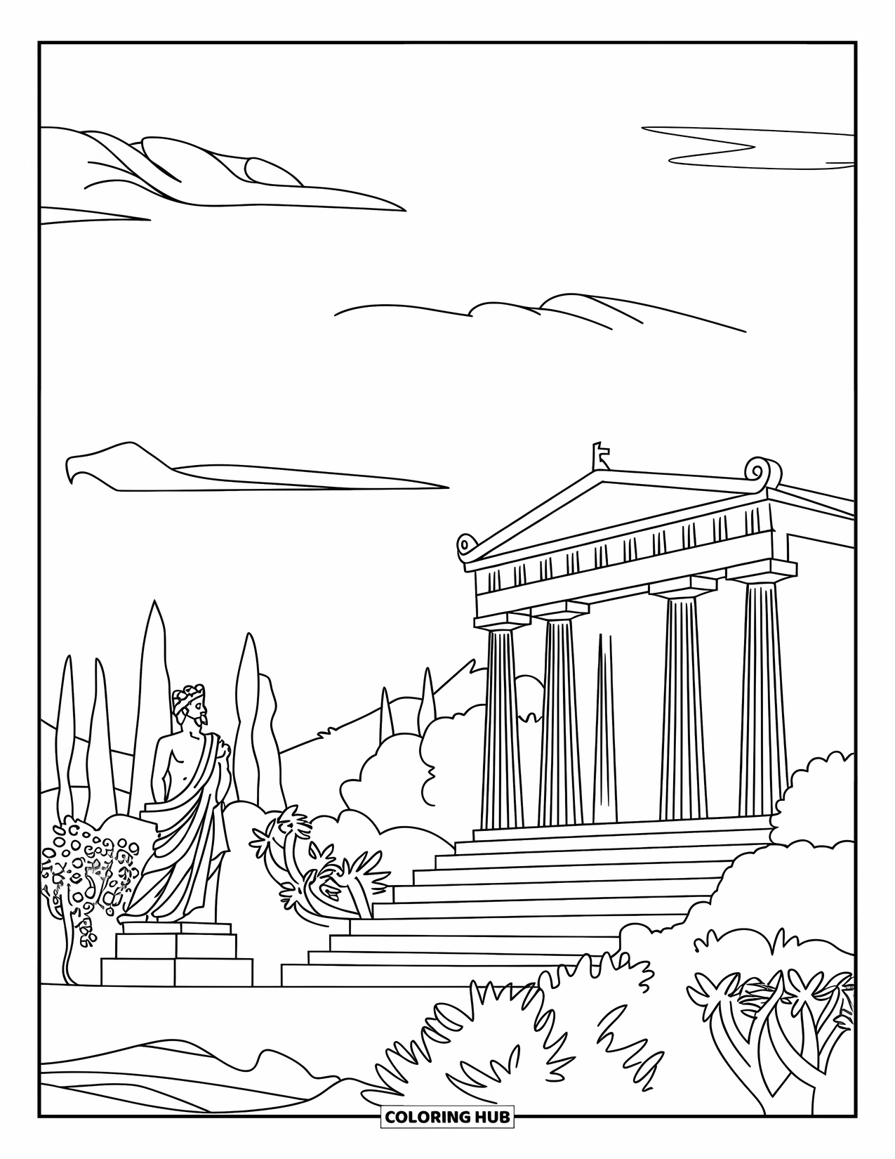Greece Coloring Page for Kids: A temple with statues and plants stands under a calm sky
