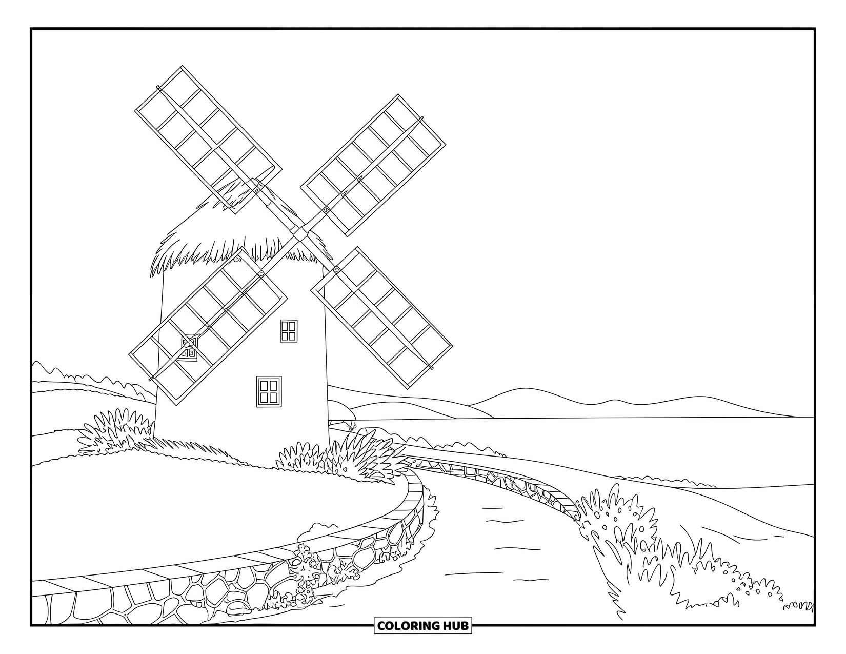 Greece Coloring Page for Kids: A windmill sits on a hill lined with wildflowers and a stone path