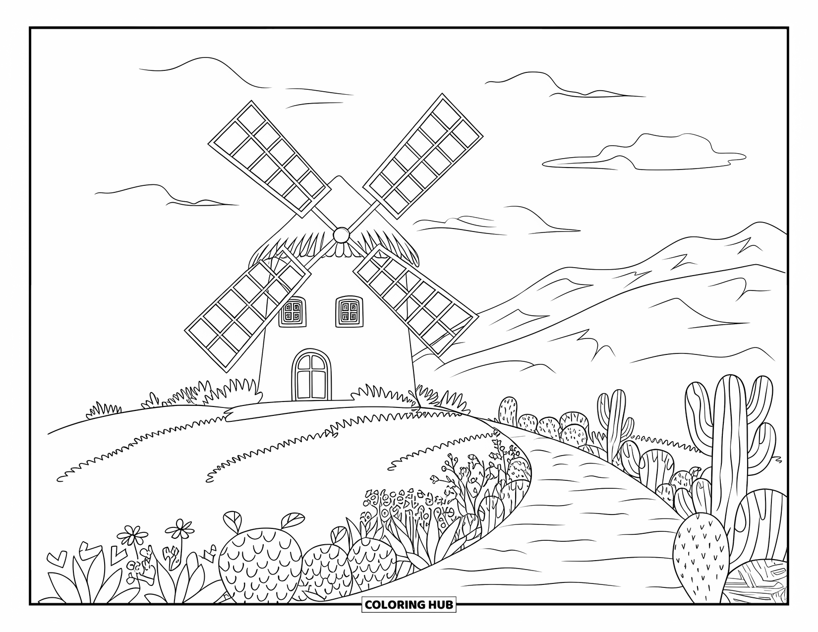 Greece Coloring Page for Kids: A windmill surrounded by cacti stands beneath a blue sky