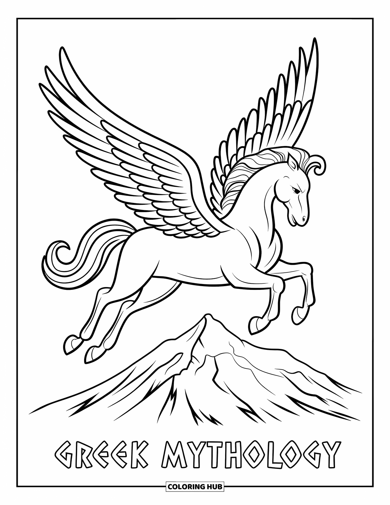 Greece Coloring Page for Kids: A winged Pegasus with a human head flies over Mount Olympus