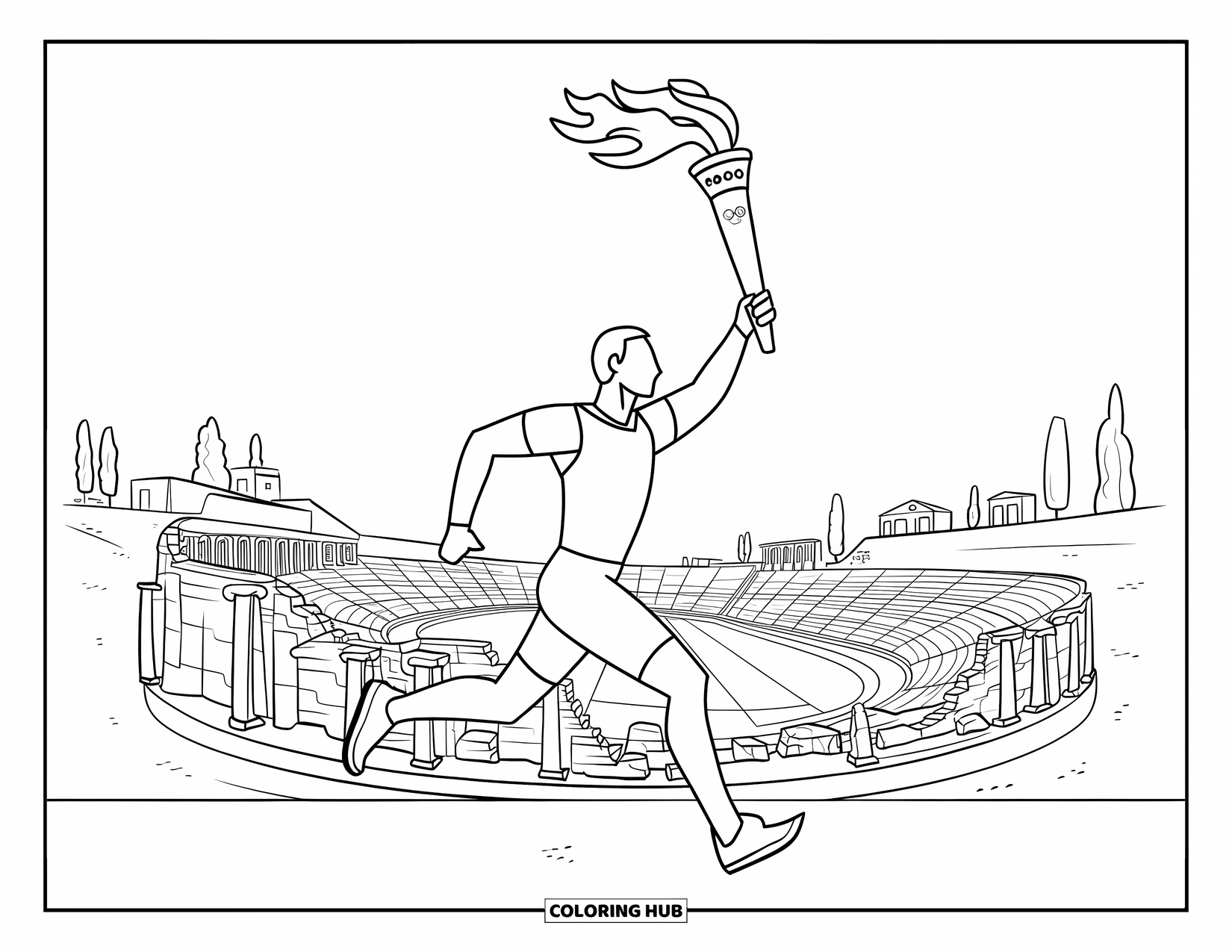 Greece Coloring Page for Kids: An Olympic runner passes crumbling ruins under a clear sky