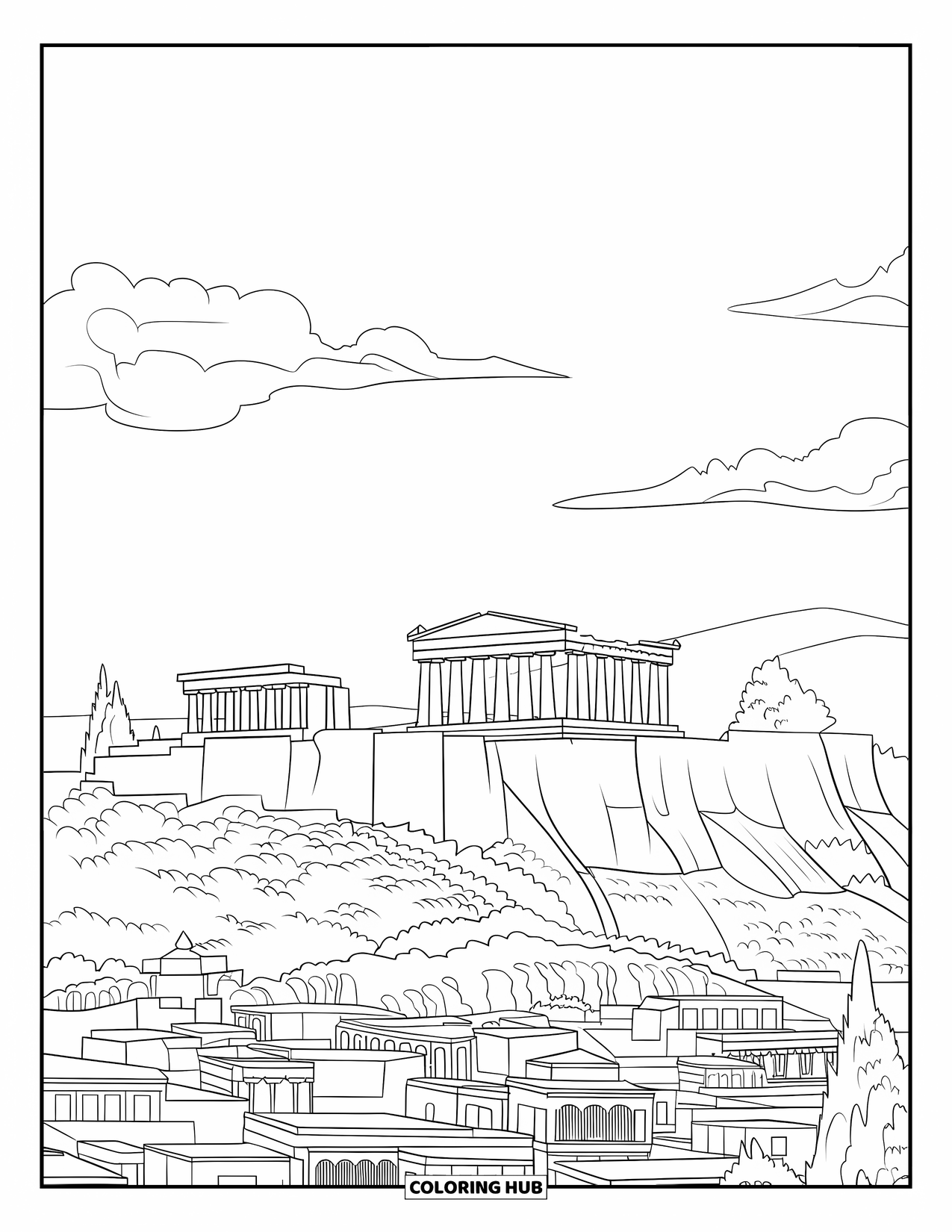 Greece Coloring Page for Kids: Ancient columns tower over the city at the Acropolis