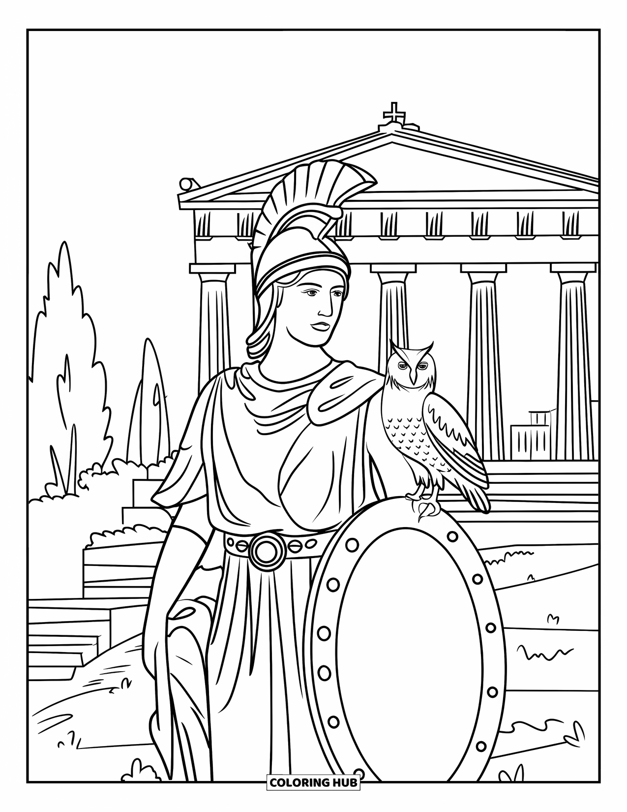 Greece Coloring Page for Kids: Athena wears a helmet and gown, standing before Greek columns