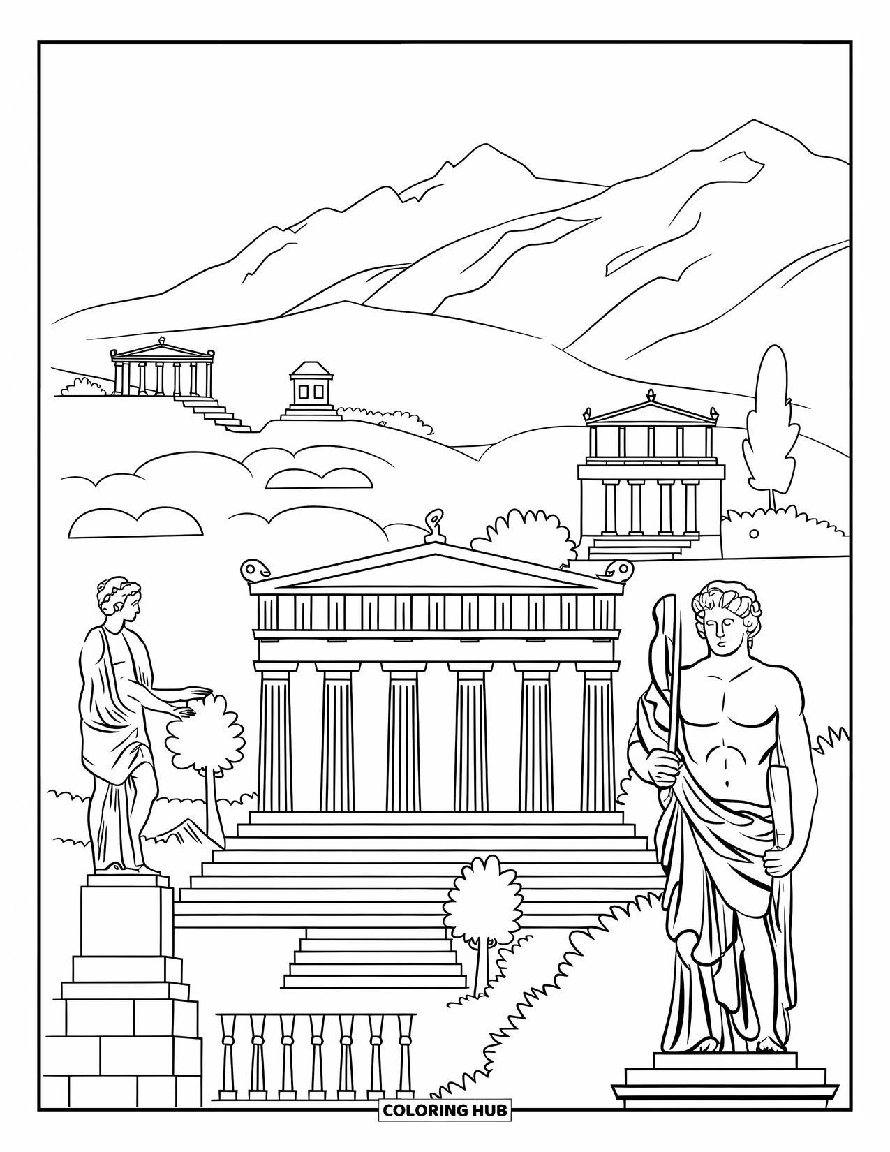 Greece Coloring Page for Kids: Columns and trees surround a temple in a scenic mountain view