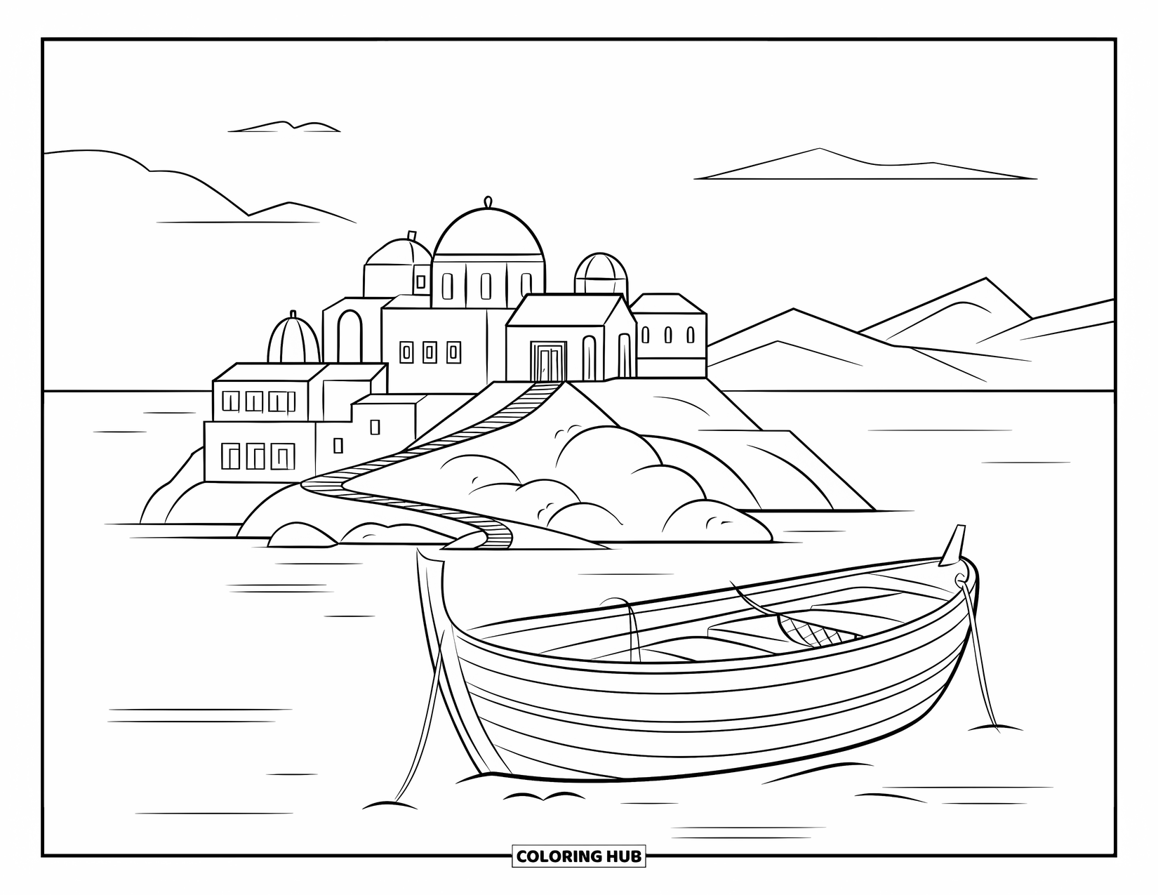 Greece Coloring Page for Kids: Fishing rods sit in a boat near a mountain island village