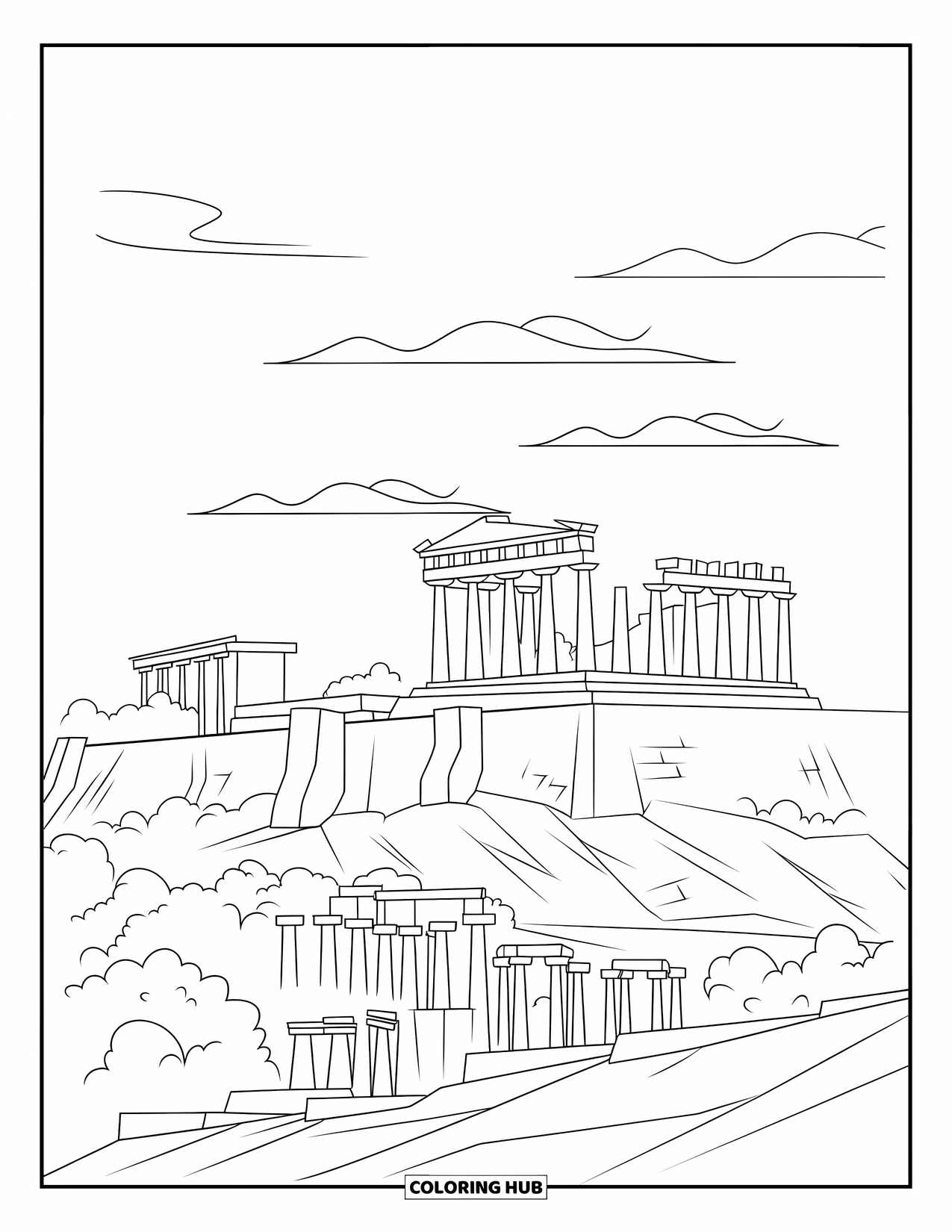 Greece Coloring Page for Kids: Five columns rise on a hilltop under a peaceful sky
