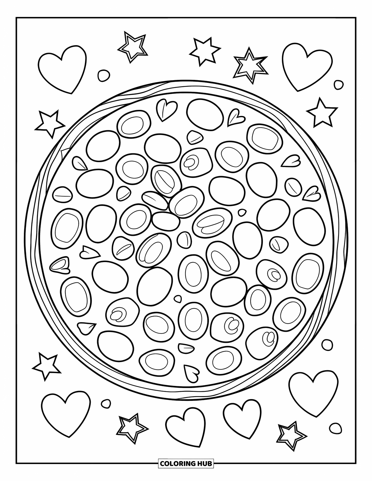 Greece Coloring Page for Kids: Greek olives and feta cheese sit on a wooden base with stars