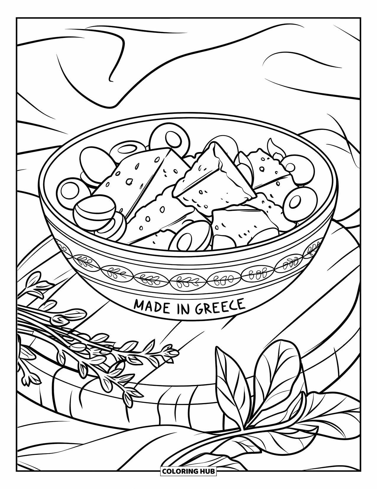 Greece Coloring Page for Kids: Greek salad with feta and herbs rests beside a white cloth