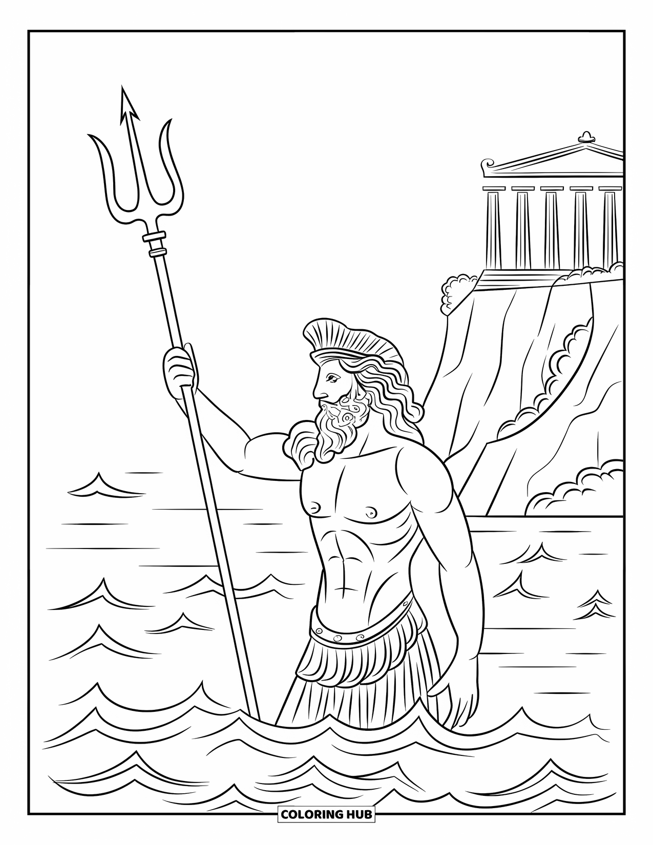 Greece Coloring Page for Kids: Poseidon rises from the waves near a temple, holding his trident