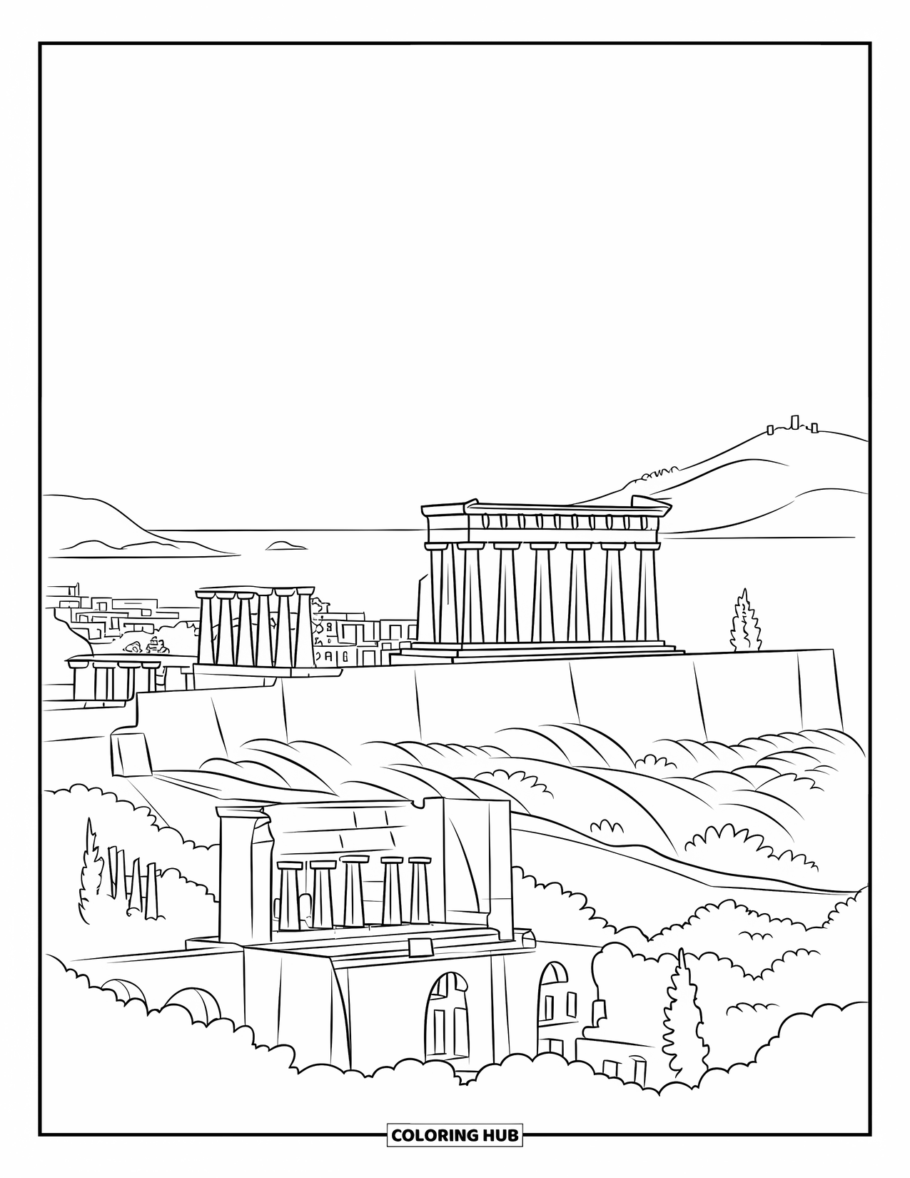 Greece Coloring Page for Kids: The Acropolis overlooks the sea and city from its hilltop