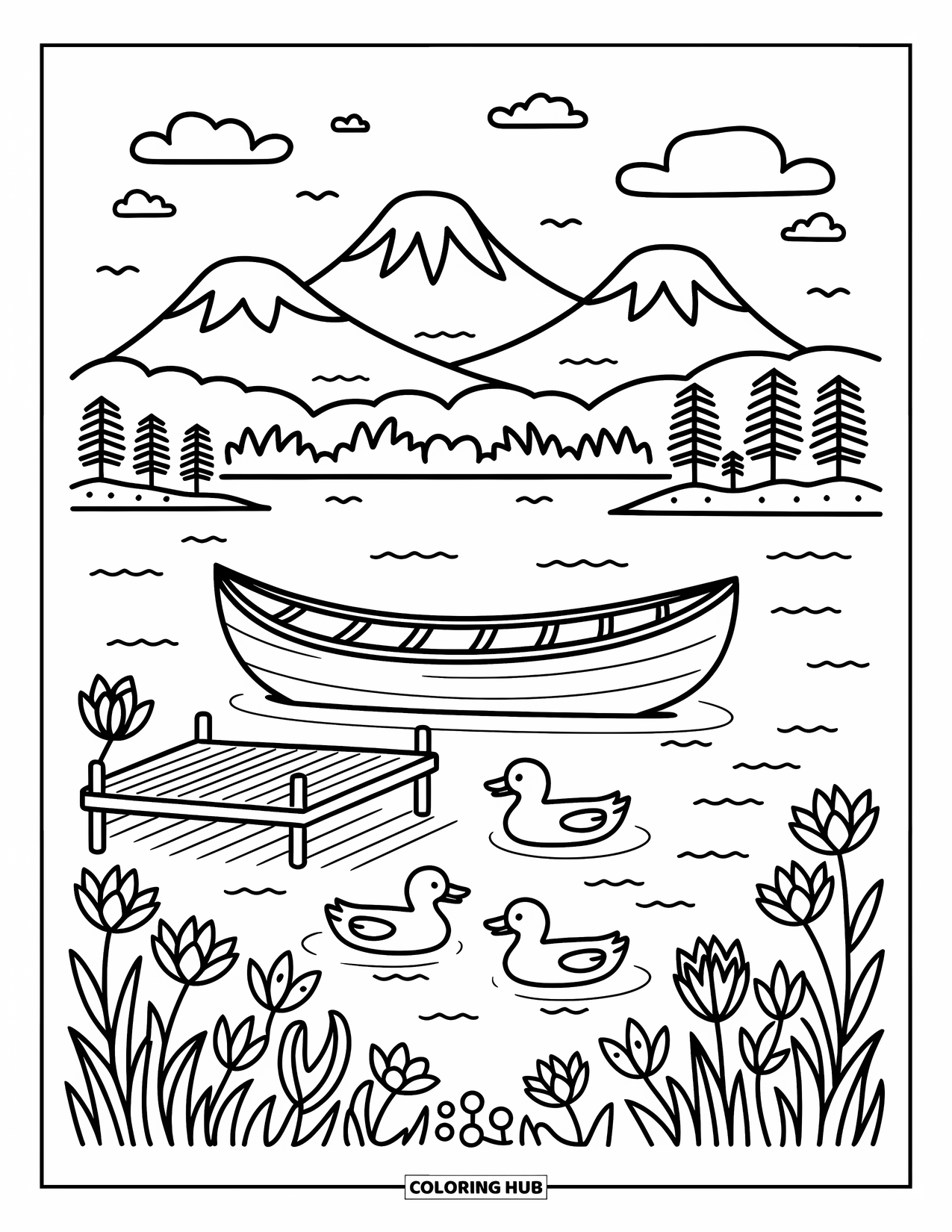 Guatemala Coloring Page for Adults: A peaceful lake scene features ducks, lily pads, a canoe, and distant volcanoes