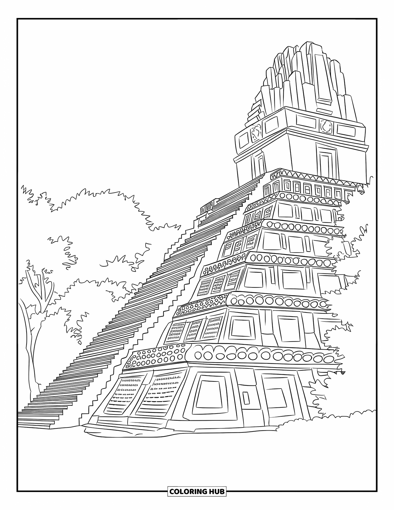 Guatemala Coloring Page for Adults: A tall Mayan temple rises from the jungle with steps and vines