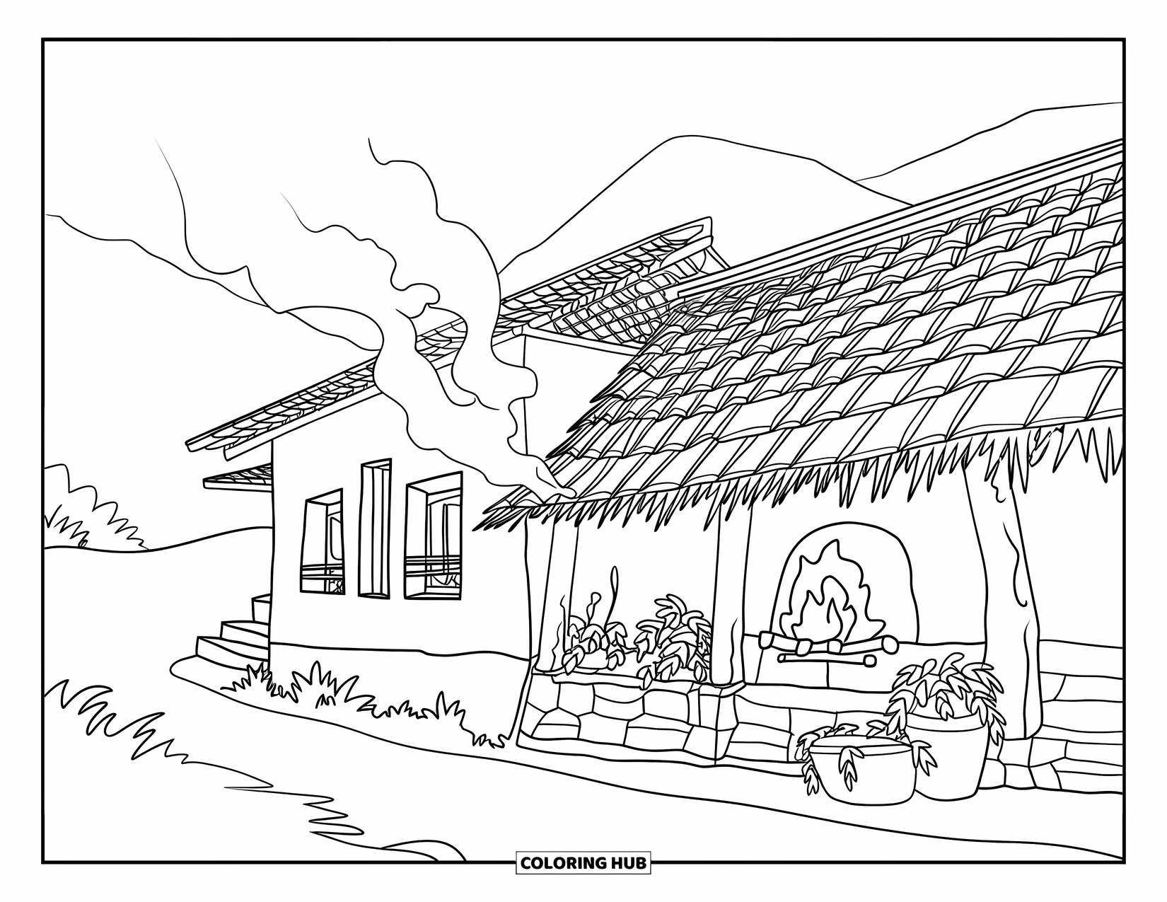 Guatemala Coloring Page for Adults: A village house with thatched roof and plants stands along a winding mountain path