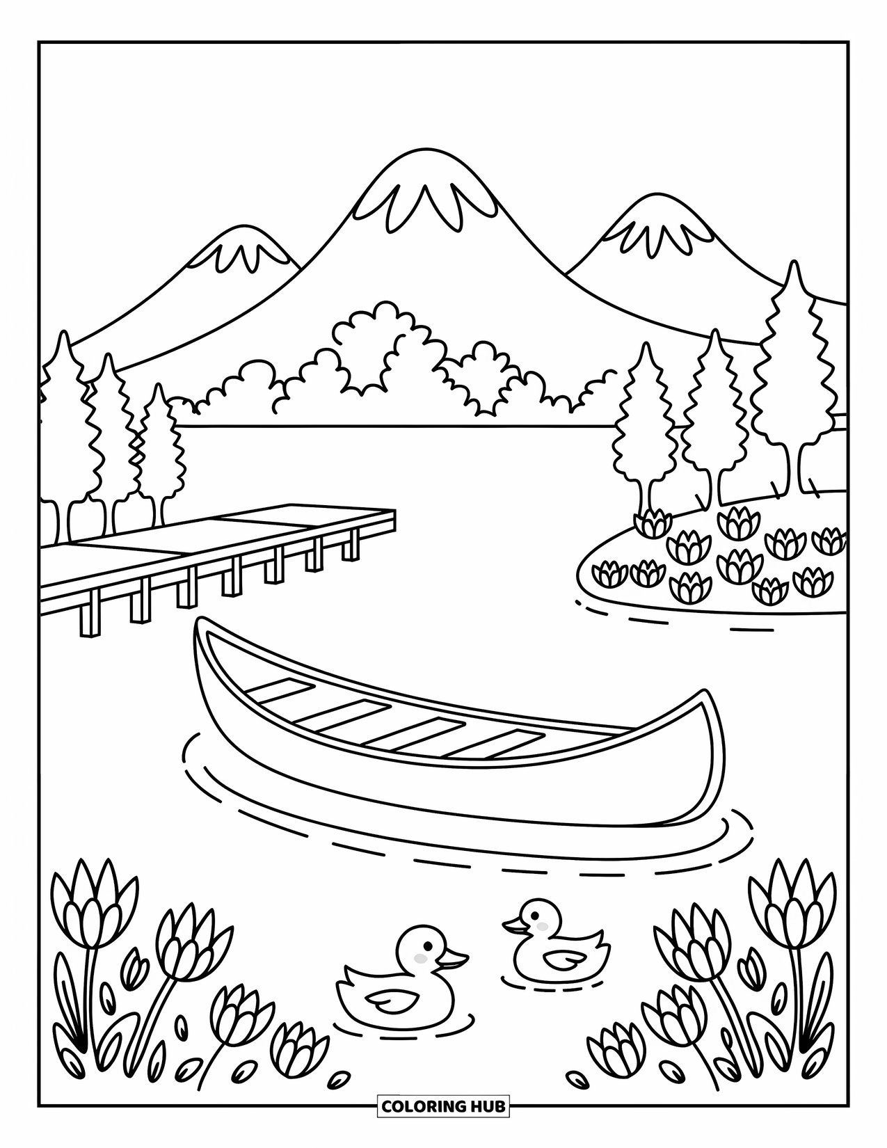Guatemala Coloring Page for Adults: Canoe by a lake with ducks, lilies, and volcanoes in the distance