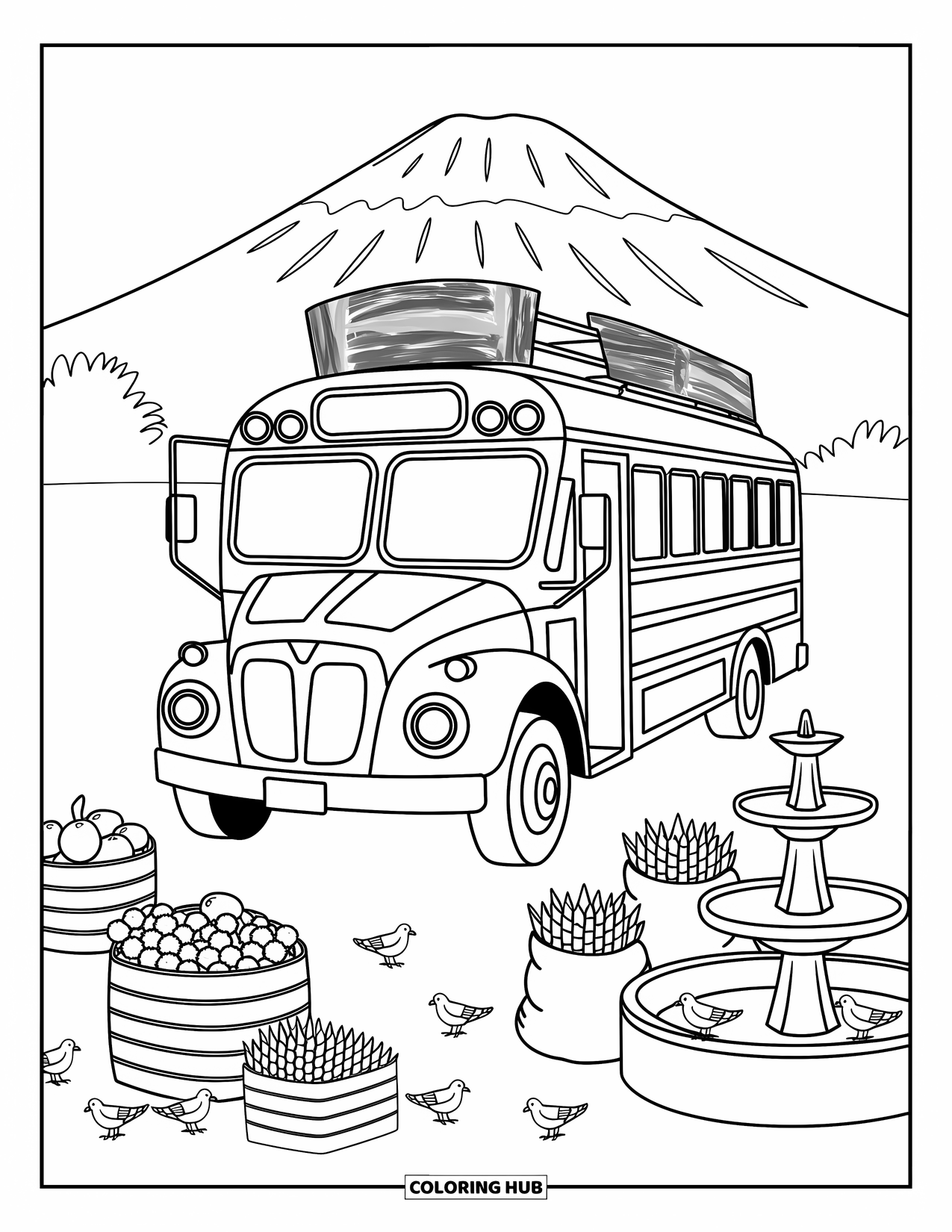 Guatemala Coloring Page for Adults: Decorated chicken bus with crates, maize sacks, and pigeons near a mountain range